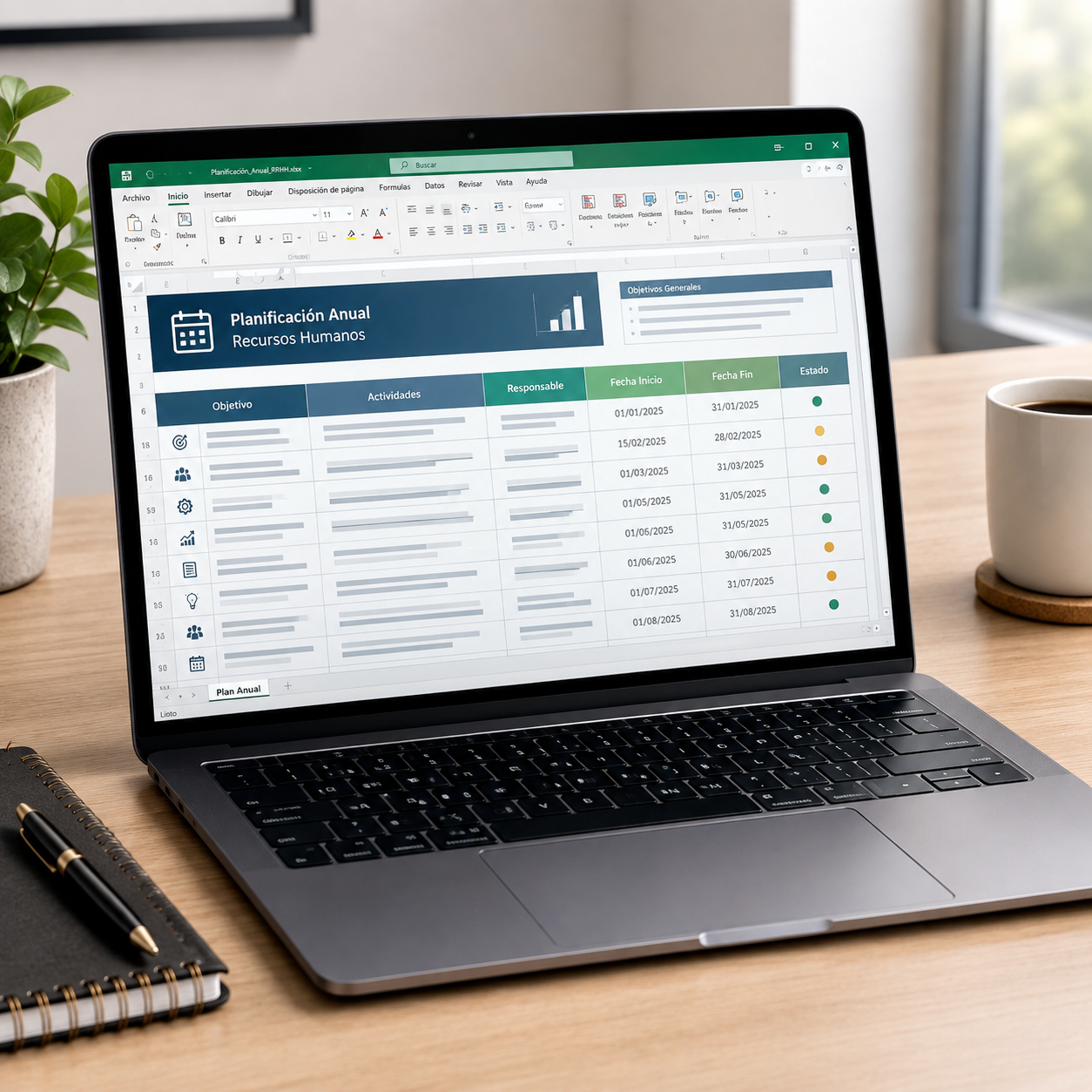 Plantilla de planificación anual de Recursos Humanos abierta en una laptop